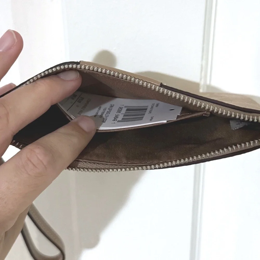 Coach Corner Zip Wristlet Signature Canvas Leather Stripe Khaki Saddle 54845